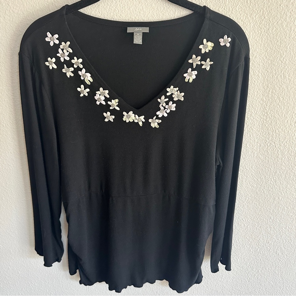 J.Jill Black Stretch V-Neck Top with Delicate Floral Embellishment Size M